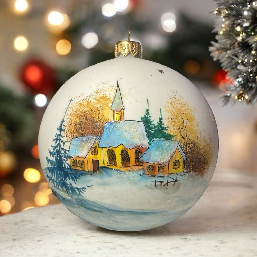 Vintage Hand Painted Glass Ball Ornament Christmas Winter Church Scene  5” H
